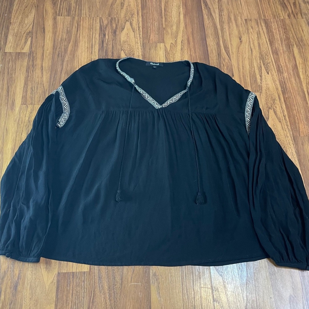 Madewell Peasant Blouse Womens Small Black Long Sleeve Tassel Boho Viscose Top
